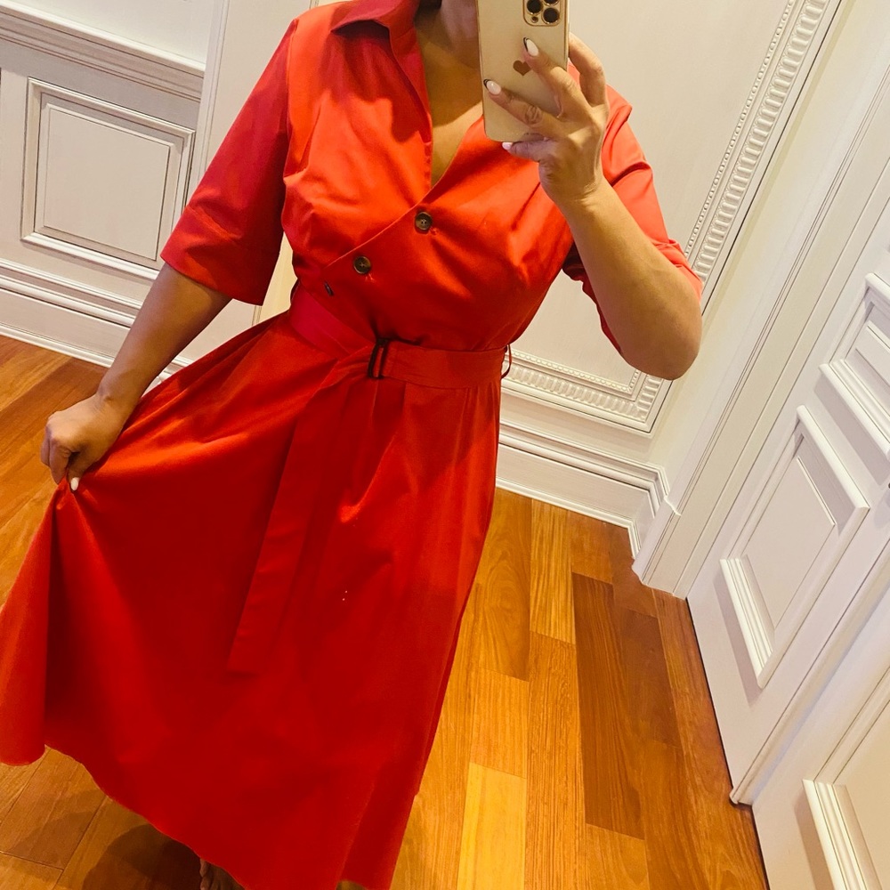 Midi A line orange dress with button and belt detailing size 10 Vassa & Co